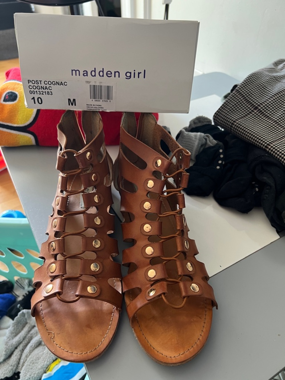 Madden Girl Cognac Strappy Gladiator Sandals with Gold Studs
